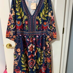 BloomChic Red and Pink V-Neck Midi Sundress